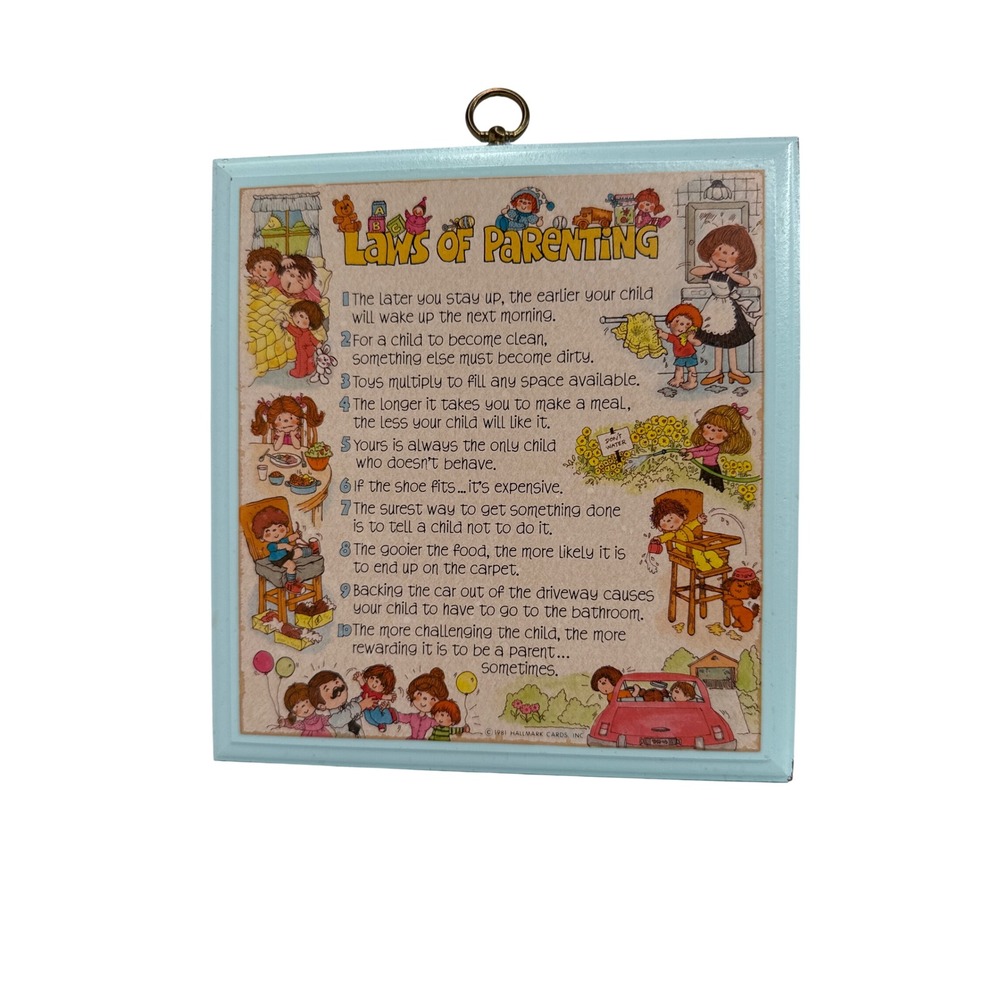 Hallmark Laws of Parenting Wall Plaque Unisex 7.5in Blue Vintage 1981 Wood Decor
